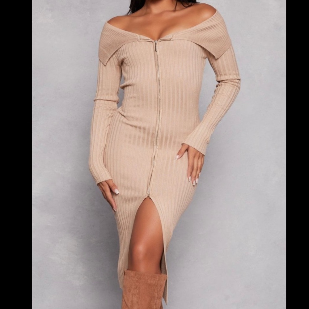 ALMOST FAMOUS IVORY LONG SLEEVE RIBBED SWEATER KNIT MIDI DRESS ZIP FRONT SZ L